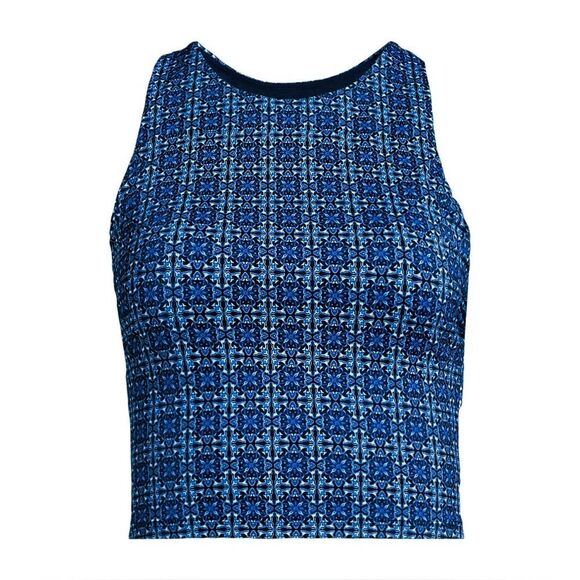 Land's End Plus Racer Back High Neck Tankini shelf bra navy mosaic, mini tile 4 - Picture 1 of 9